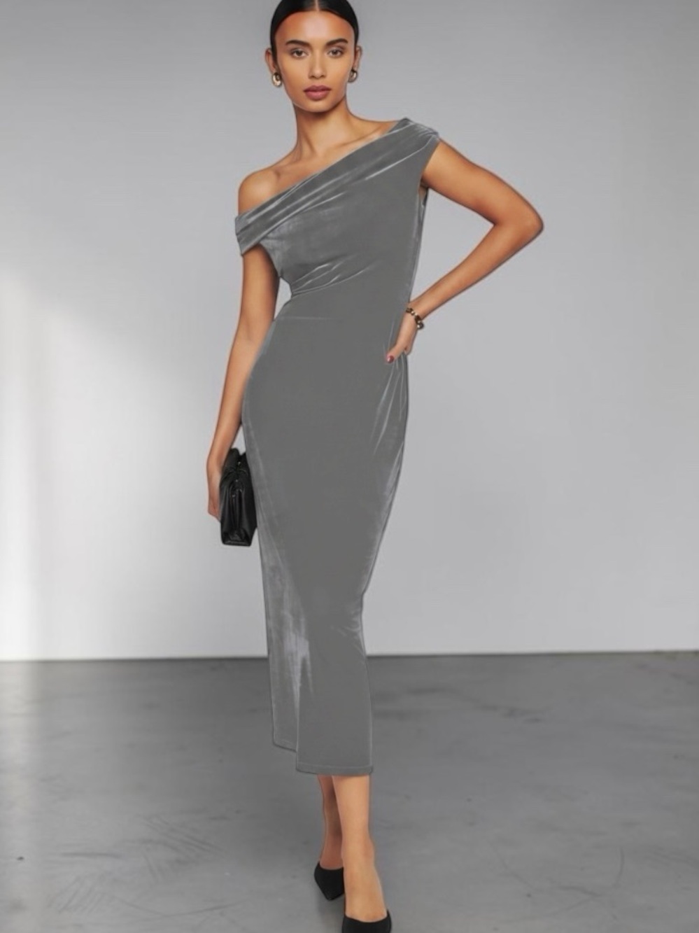 Reformation Jamen Stretch Velvet Midi Dress in Silver Gray Minimalist Chic Small